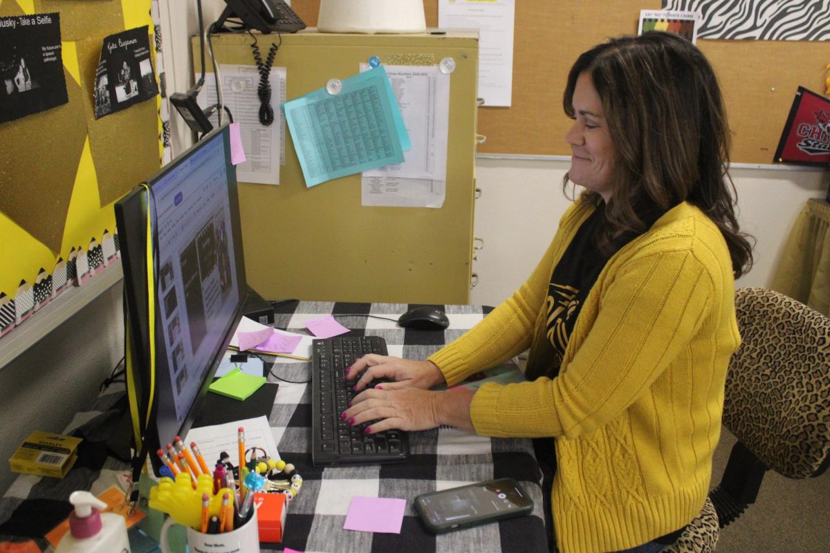 Mrs. Brazil working on her laptop and getting ready to teach.